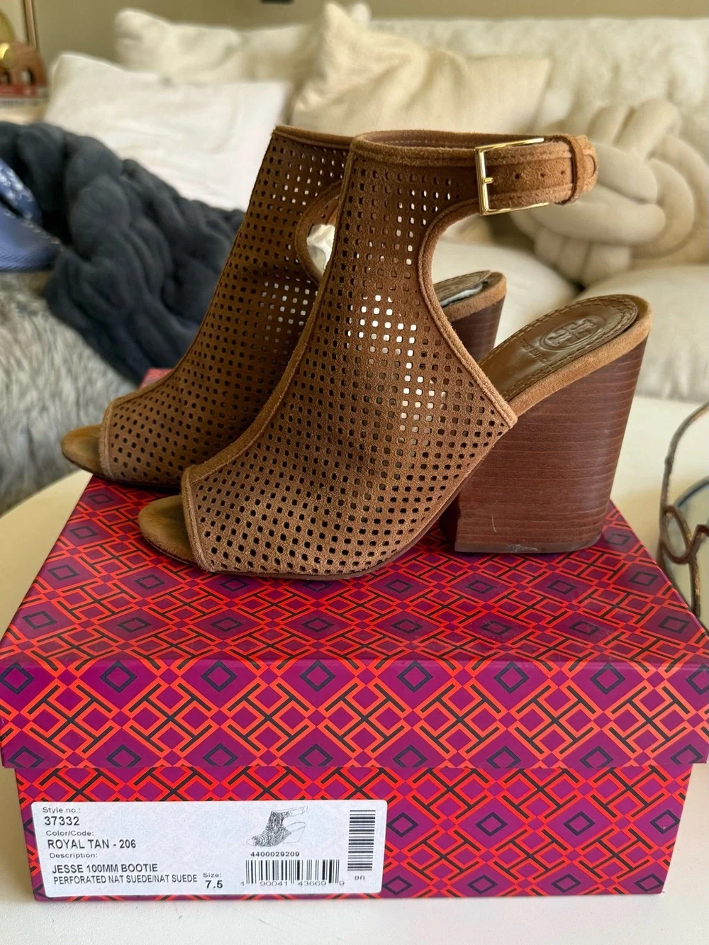 Tory Burch Brown Perforated Suede Peep-Toe Block Heel Booties